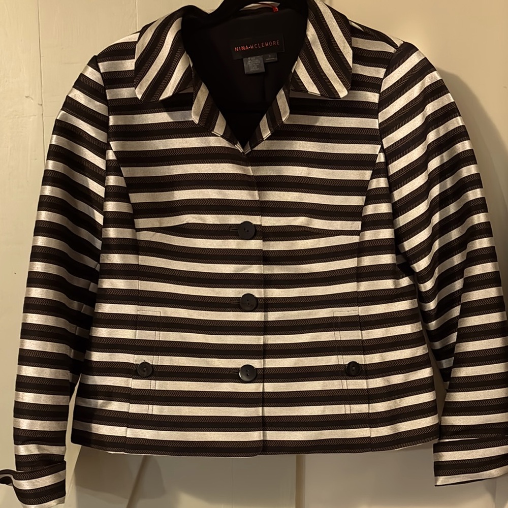 Nina Mclemore Striped Metallic Brown Black and Cream Women's Jacket